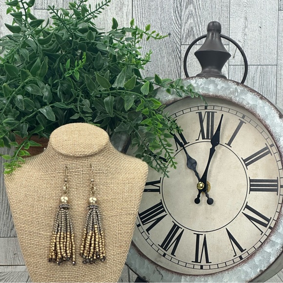 UP SCALE TIME - Bead Chain & Crystal Dangle Earrings Gold Tone - Picture 1 of 2